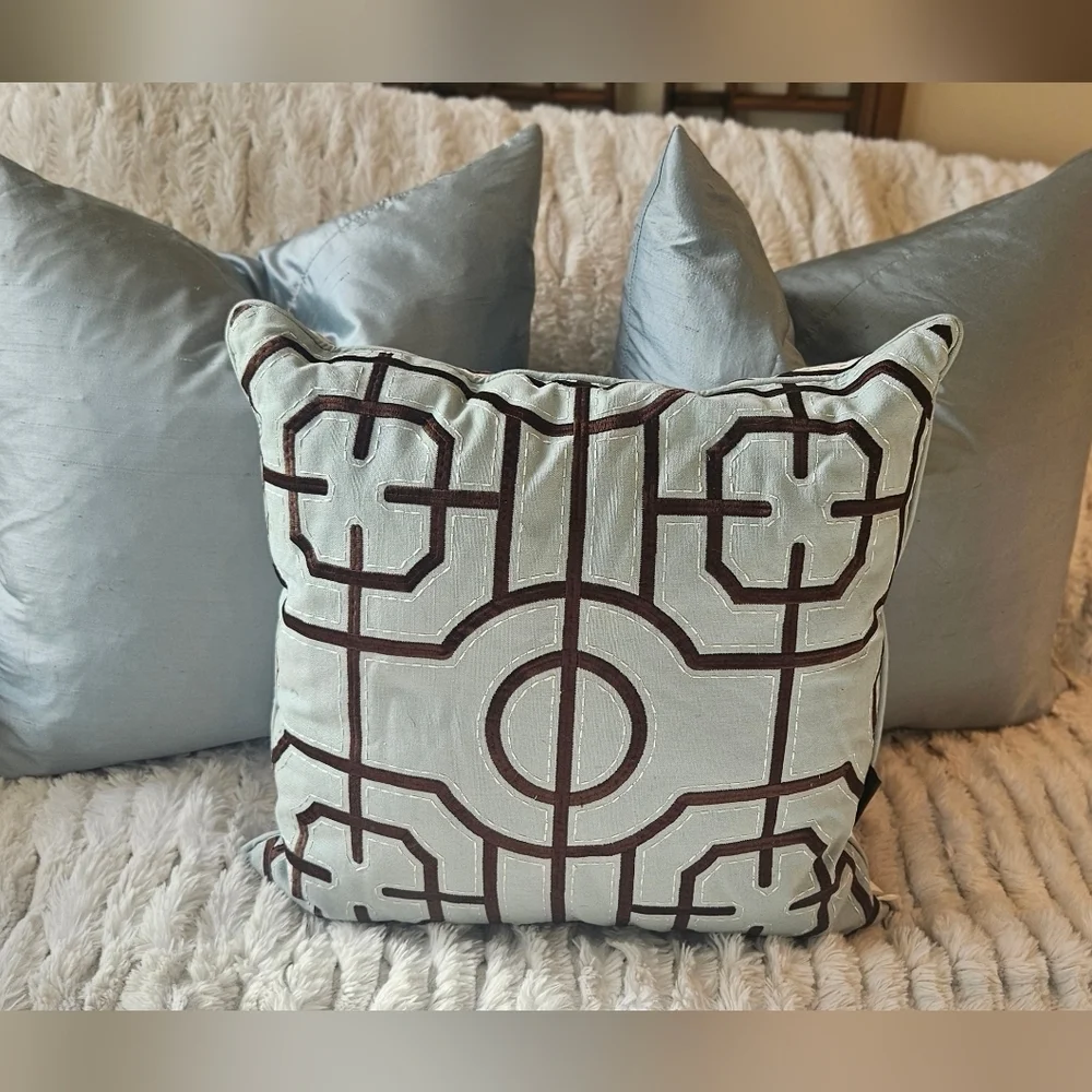Set Of Three Geometric Reversible Pillow &Two Blue Silk Throw Pillows Beautiful